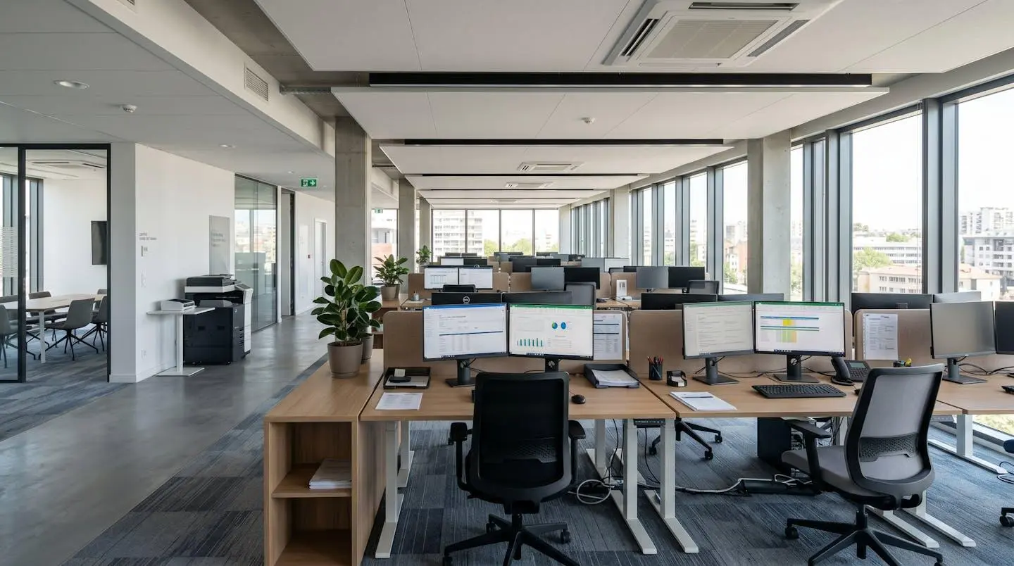 Espace de bureaux tertiaires contemporain avec grandes baies vitrées, mobilier ergonomique et aménagement professionnel lumineux sans présence humaine