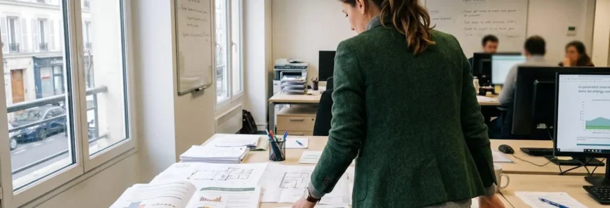 Responsable technique consultant des spécifications thermiques et documents de conformité étalés sur un bureau contemporain dans un environnement professionnel lumineux